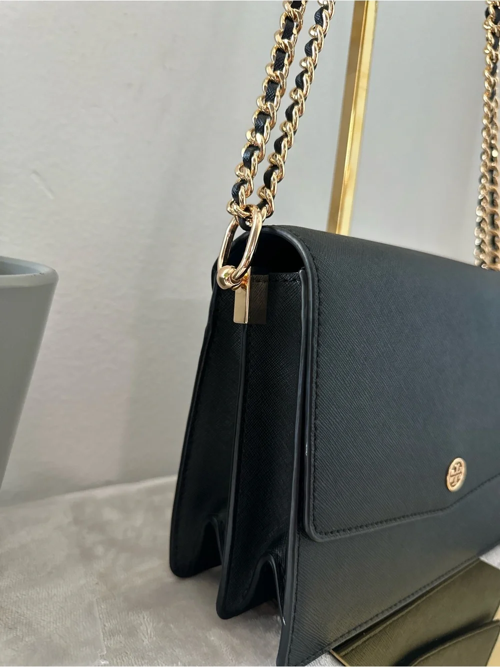 Black Leather Shoulder Bag with Gold Chain Strap